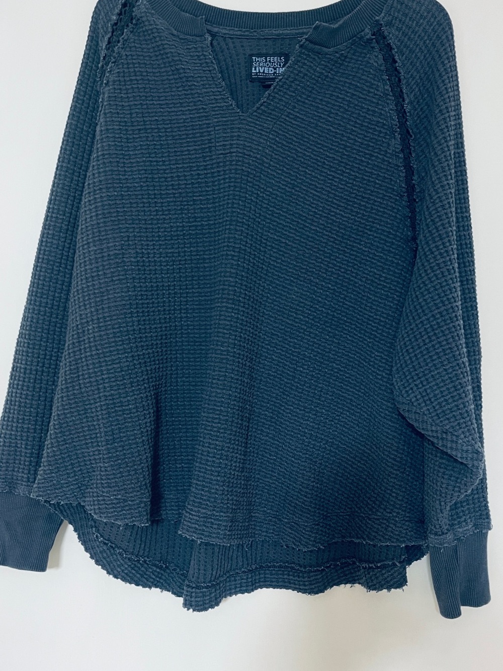 American Eagle Seriously Lived-In Waffle Knit Oversized Sweatshirt Blue Grey M